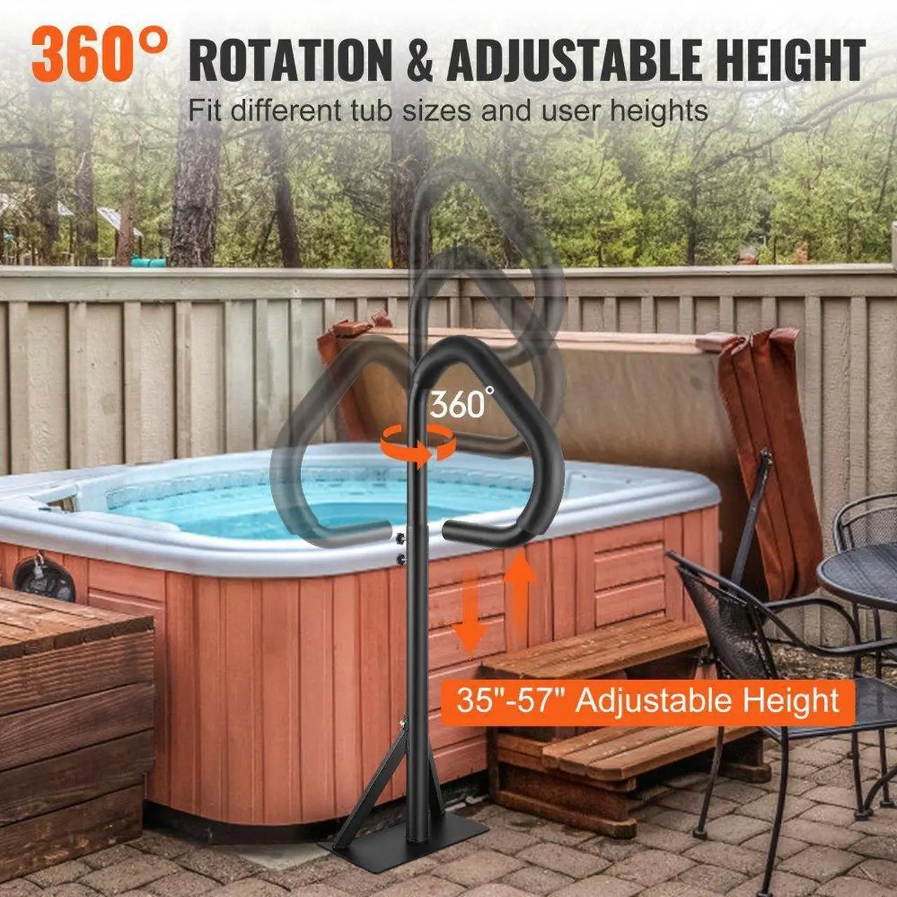 Alt view image 4 of 7 - VEVOR Hot Tub Handrail, 360 Rotatable Spa Side Handrail with 35"-57" Adjustable Height, Rust-proof Aluminum Spa Step Hot Tub Hand Rail with Slide-Under Mount Base for Indoor & Outdoor, 600LBS Capacity