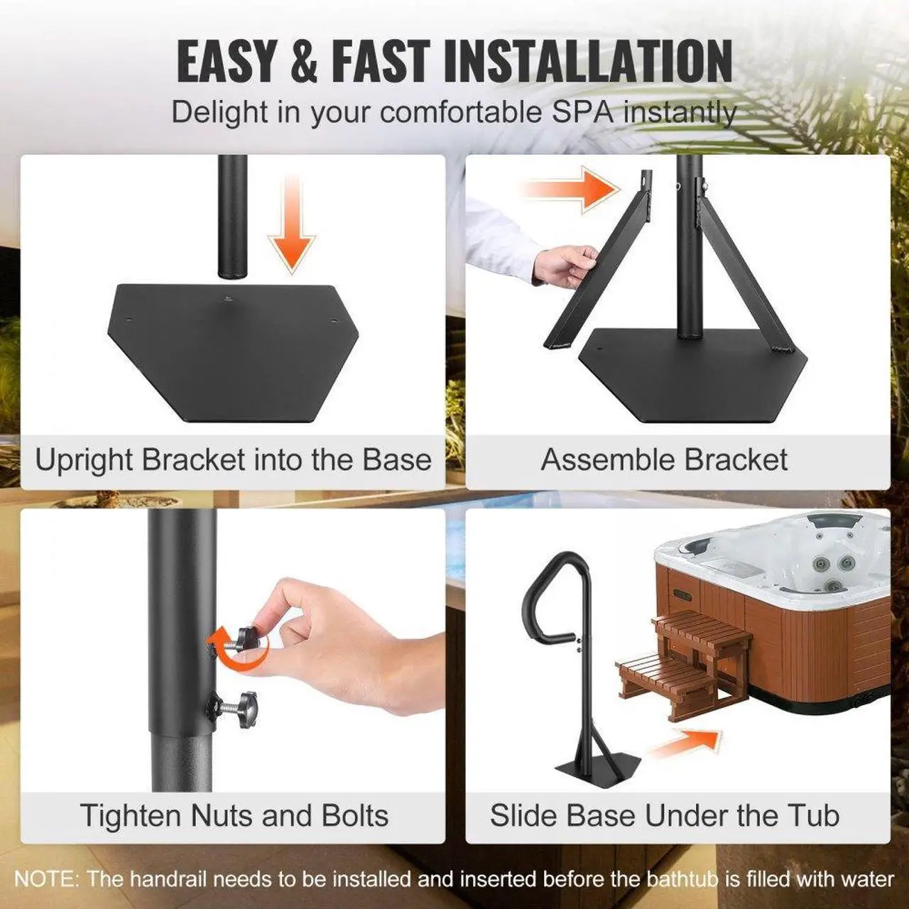 Alt view image 6 of 7 - VEVOR Hot Tub Handrail, 360 Rotatable Spa Side Handrail with 35"-57" Adjustable Height, Rust-proof Aluminum Spa Step Hot Tub Hand Rail with Slide-Under Mount Base for Indoor & Outdoor, 600LBS Capacity