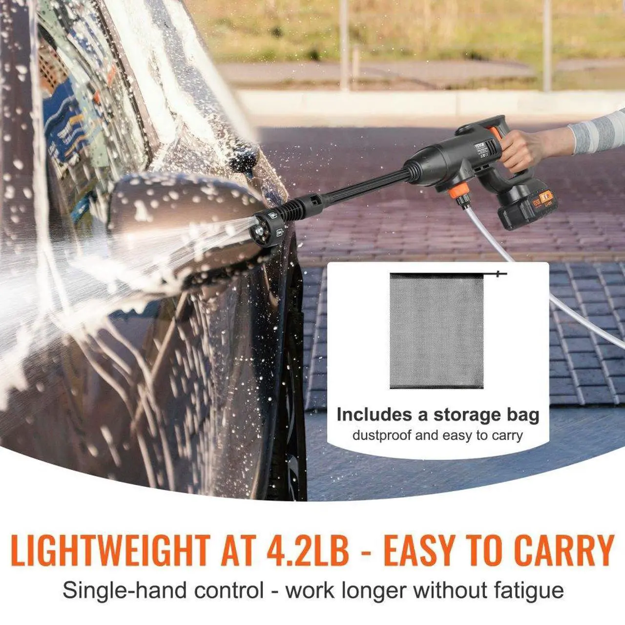 Alt view image 3 of 7 - VEVOR Cordless Pressure Washer, 580-PSI 1.1 GPM Portable Power Cleaner, Handheld High-Pressure Car Washer Gun with 4.0Ah Battery, Charger, 6-in-1 Nozzle, for Home/Floor Cleaning & Watering