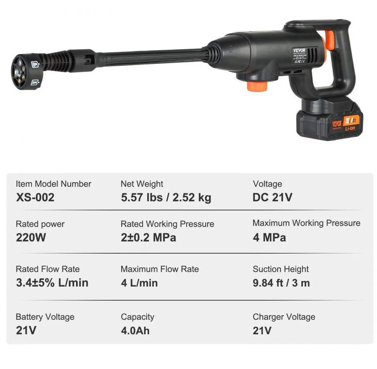 Alt view image 7 of 7 - VEVOR Cordless Pressure Washer, 580-PSI 1.1 GPM Portable Power Cleaner, Handheld High-Pressure Car Washer Gun with 4.0Ah Battery, Charger, 6-in-1 Nozzle, for Home/Floor Cleaning & Watering