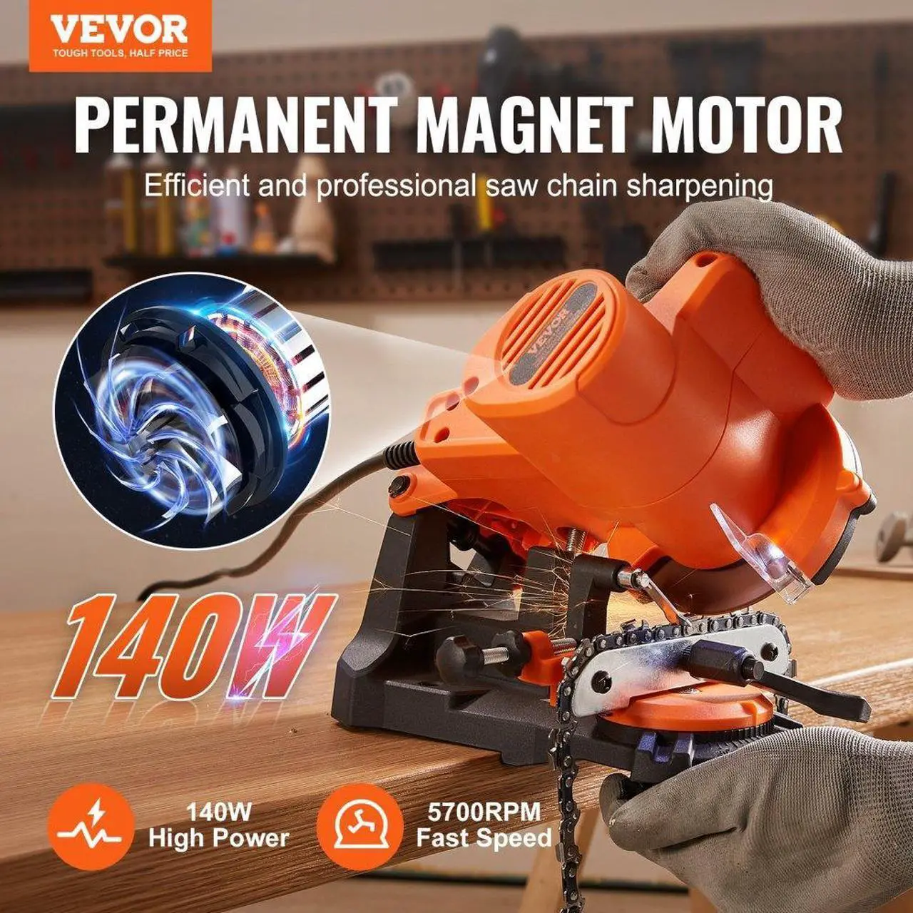 Alt view image 2 of 7 - VEVOR Electric Chainsaw Sharpener 140W 5700RPM Fit 0.25" to 0.404" Pitch Chains