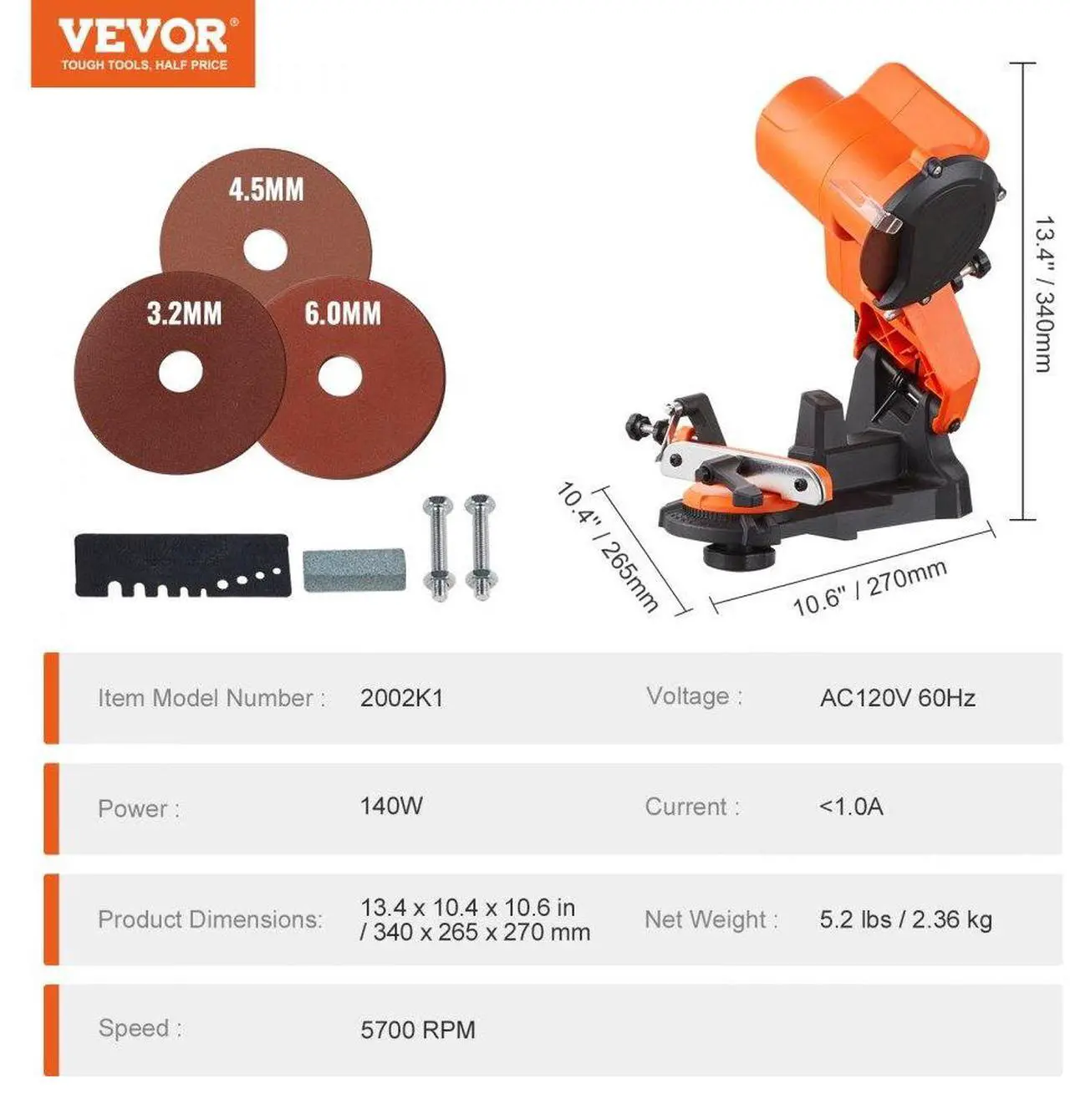 Alt view image 7 of 7 - VEVOR Electric Chainsaw Sharpener 140W 5700RPM Fit 0.25" to 0.404" Pitch Chains