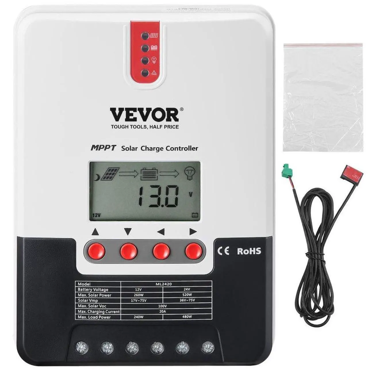Main image of VEVOR 20A MPPT Solar Charge Controller, 12V / 24V Auto DC Input, Solar Panel Regulator Charger with LCD Display Temperature Sensor Cable, for Sealed(AGM), Gel, Flooded and Lithium Battery Charging