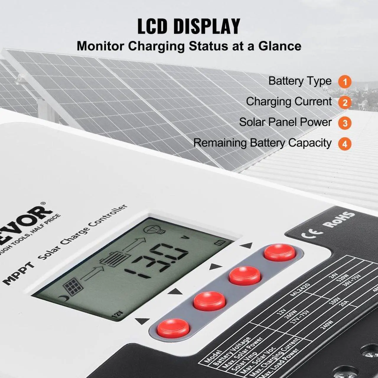 Alt view image 4 of 7 - VEVOR 20A MPPT Solar Charge Controller, 12V / 24V Auto DC Input, Solar Panel Regulator Charger with LCD Display Temperature Sensor Cable, for Sealed(AGM), Gel, Flooded and Lithium Battery Charging