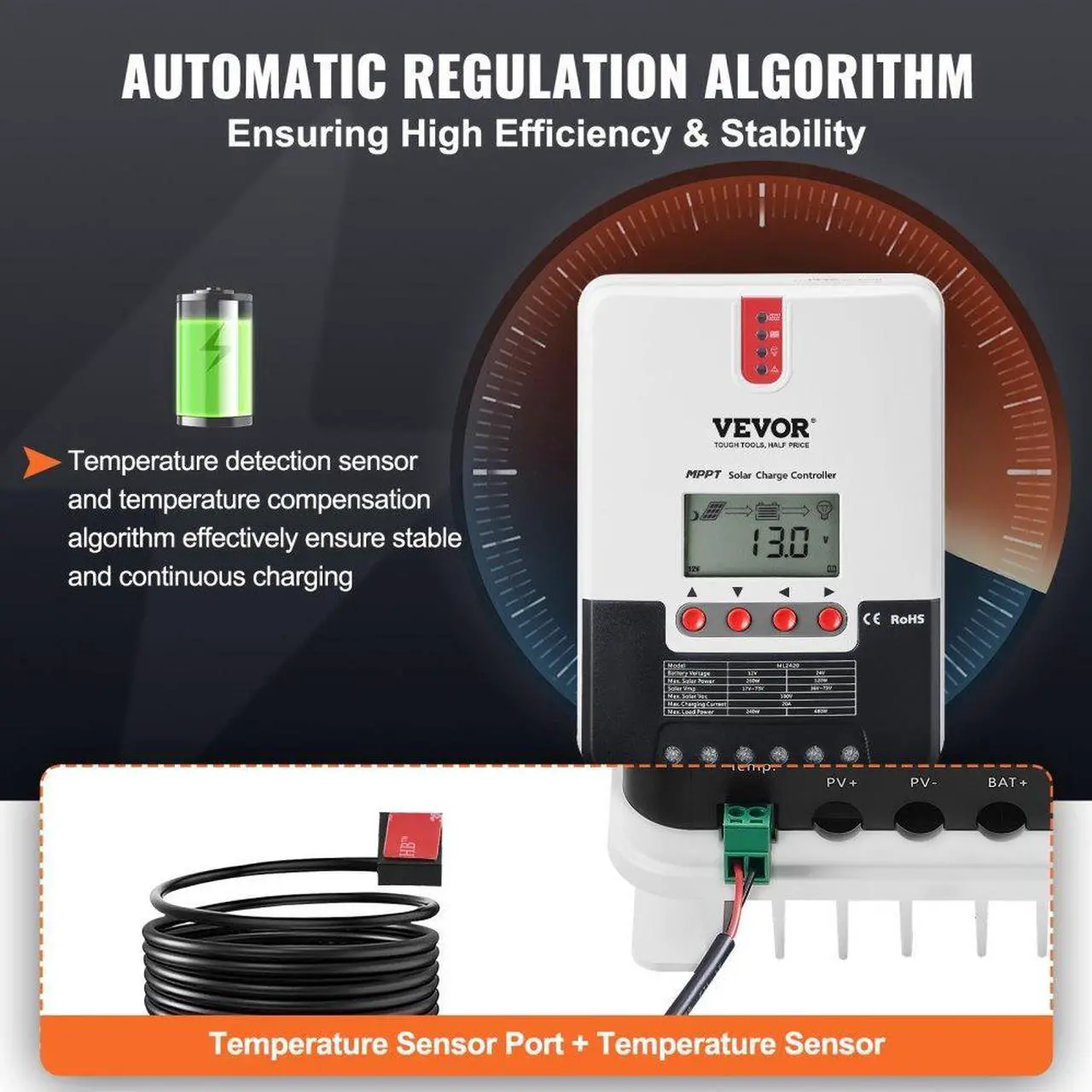 Alt view image 5 of 7 - VEVOR 20A MPPT Solar Charge Controller, 12V / 24V Auto DC Input, Solar Panel Regulator Charger with LCD Display Temperature Sensor Cable, for Sealed(AGM), Gel, Flooded and Lithium Battery Charging