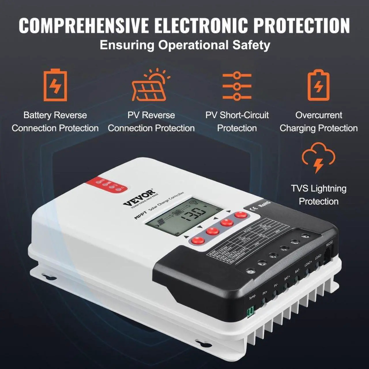 Alt view image 6 of 7 - VEVOR 20A MPPT Solar Charge Controller, 12V / 24V Auto DC Input, Solar Panel Regulator Charger with LCD Display Temperature Sensor Cable, for Sealed(AGM), Gel, Flooded and Lithium Battery Charging