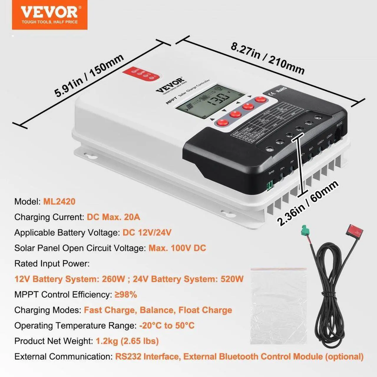 Alt view image 7 of 7 - VEVOR 20A MPPT Solar Charge Controller, 12V / 24V Auto DC Input, Solar Panel Regulator Charger with LCD Display Temperature Sensor Cable, for Sealed(AGM), Gel, Flooded and Lithium Battery Charging