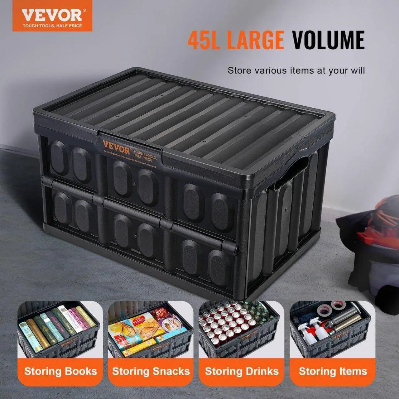 Alt view image 2 of 7 - VEVOR Collapsible Storage Bins with Lids, 45L 3 Packs, Folding Plastic Stackable Utility Crates with Handles, Large Heavy Duty Containers for Clothes, Toys, Books, Snack, Shoes, and Grocery Organizing