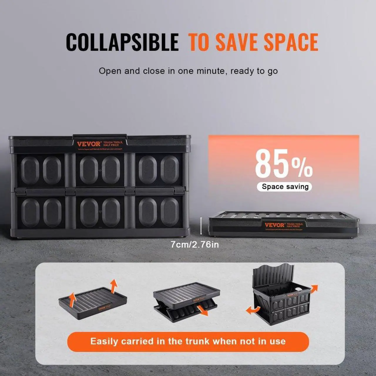 Alt view image 3 of 7 - VEVOR Collapsible Storage Bins with Lids, 45L 3 Packs, Folding Plastic Stackable Utility Crates with Handles, Large Heavy Duty Containers for Clothes, Toys, Books, Snack, Shoes, and Grocery Organizing
