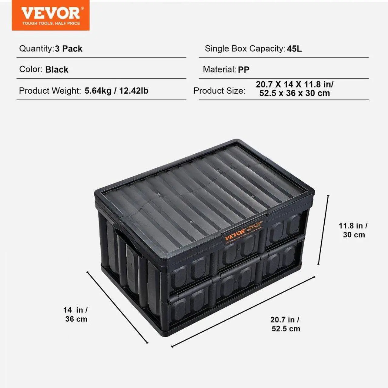Alt view image 7 of 7 - VEVOR Collapsible Storage Bins with Lids, 45L 3 Packs, Folding Plastic Stackable Utility Crates with Handles, Large Heavy Duty Containers for Clothes, Toys, Books, Snack, Shoes, and Grocery Organizing