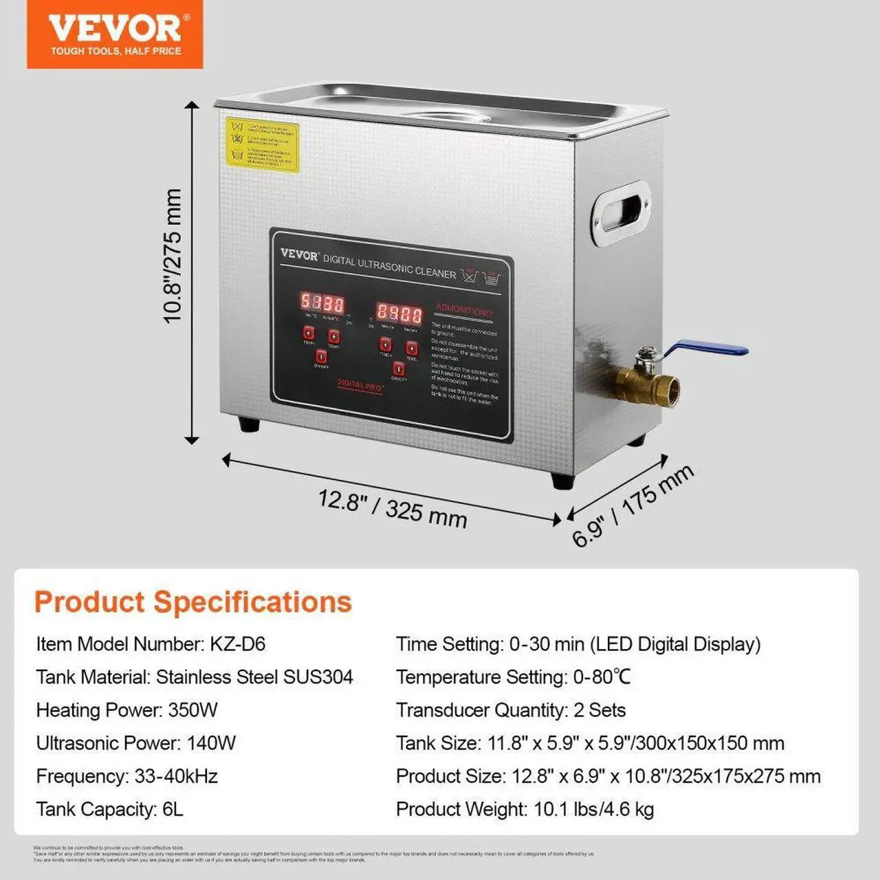 Alt view image 7 of 7 - VEVOR Ultrasonic Cleaner with Digital Timer & Heater, Professional Ultra Sonic Jewelry Cleaner, Stainless Steel Heated Cleaning Machine for Glasses Watch Rings Small Parts Circuit Board (6L)
