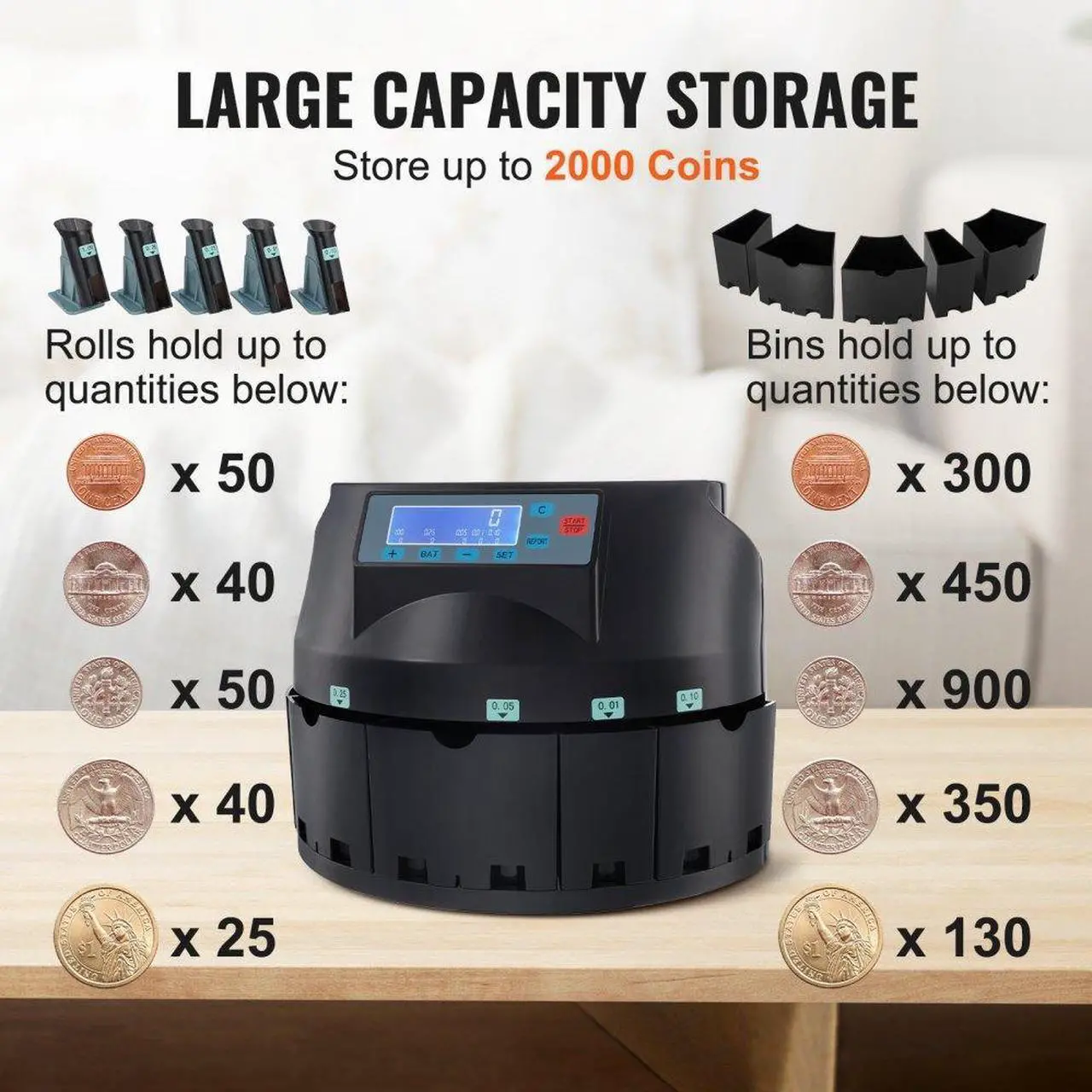 Alt view image 3 of 7 - VEVOR USD Coin Sorter Coin Counter Wrapper and Roller 300 Coins/min LCD Display