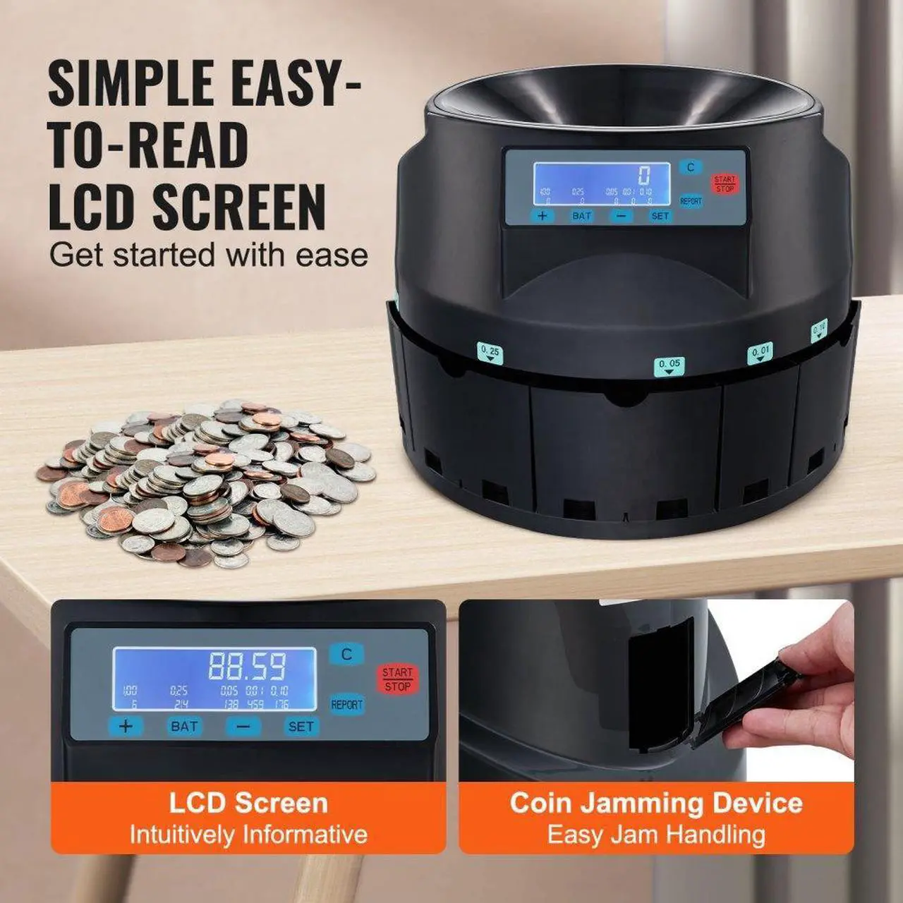 Alt view image 4 of 7 - VEVOR USD Coin Sorter Coin Counter Wrapper and Roller 300 Coins/min LCD Display