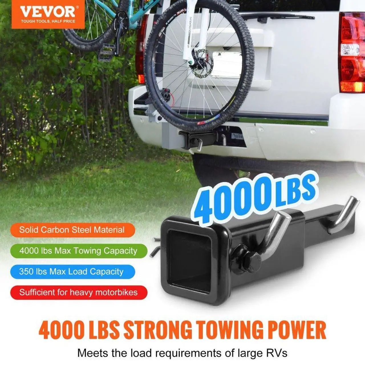 Alt view image 2 of 7 - VEVOR Trailer Hitch Extender, 1-1/4" to 2" Receiver Hitch Adapter, Trailer Hitch Extension Tube Extender, 6" Extension Length, 4000 lbs Towing Capacity, Hitch Pins, Clips, Bolt and Nut Included, Black