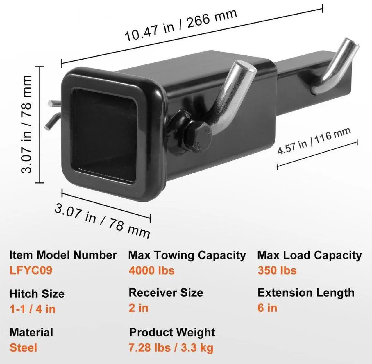 Alt view image 7 of 7 - VEVOR Trailer Hitch Extender, 1-1/4" to 2" Receiver Hitch Adapter, Trailer Hitch Extension Tube Extender, 6" Extension Length, 4000 lbs Towing Capacity, Hitch Pins, Clips, Bolt and Nut Included, Black