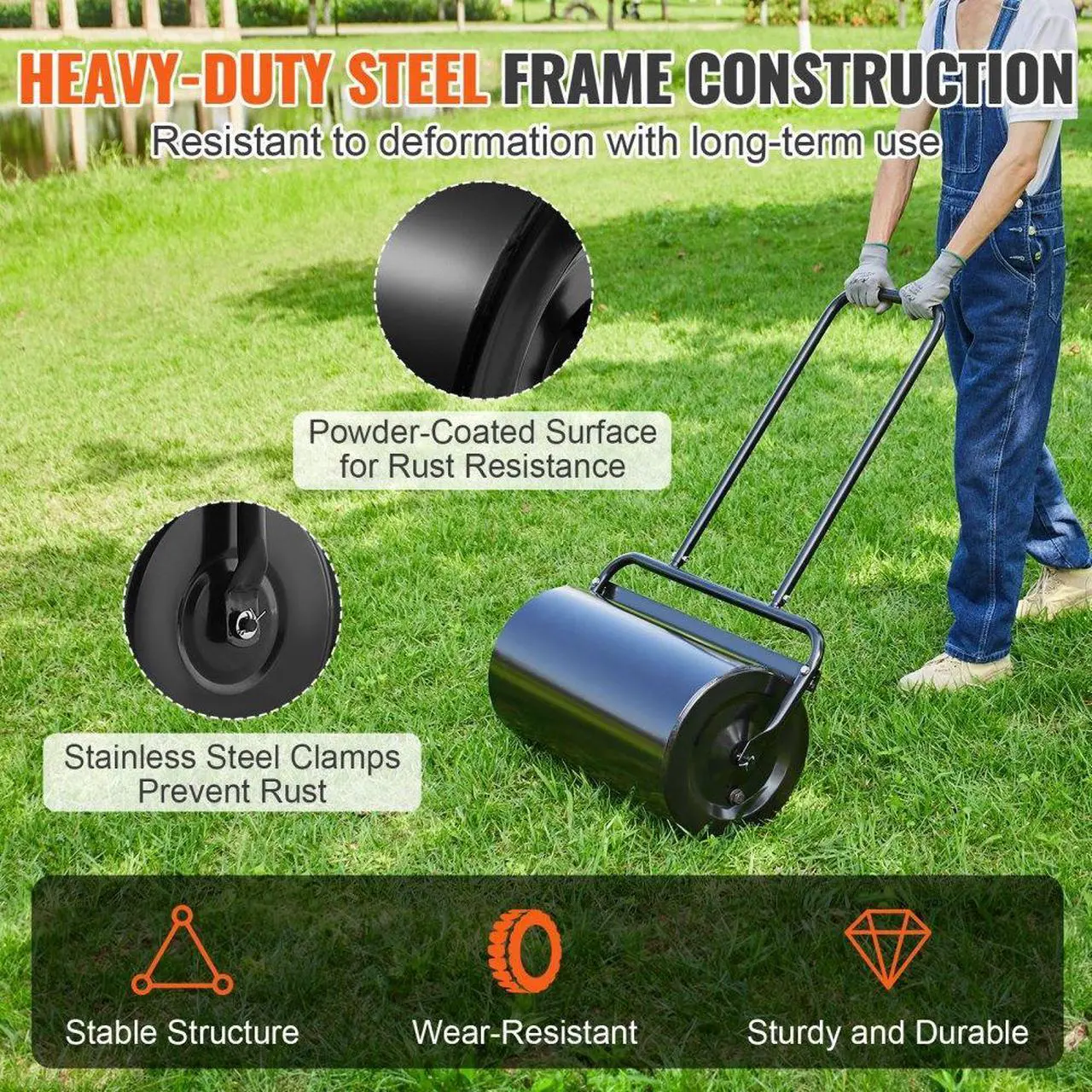 Alt view image 4 of 7 - VEVOR Lawn Roller, 13 Gallon Sand/Water Filled Yard Roller, Steel Sod Roller with Easy-turn Plug and U-Shaped Ergonomic Handle for Convenient Push and Pull, for Lawn, Garden, Farm, Park, Black