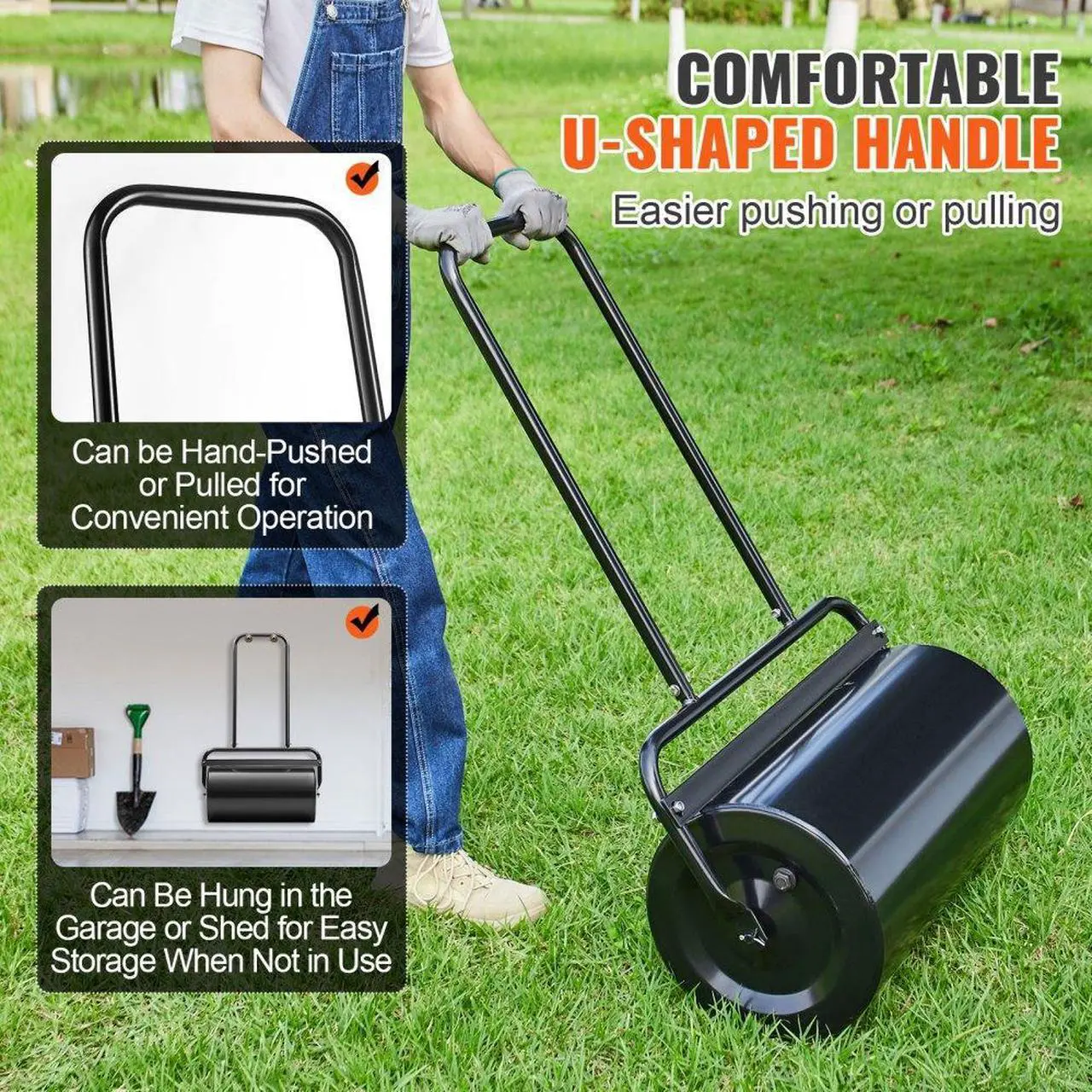 Alt view image 3 of 7 - VEVOR Lawn Roller, 13 Gallon Sand/Water Filled Yard Roller, Steel Sod Roller with Easy-turn Plug and U-Shaped Ergonomic Handle for Convenient Push and Pull, for Lawn, Garden, Farm, Park, Black