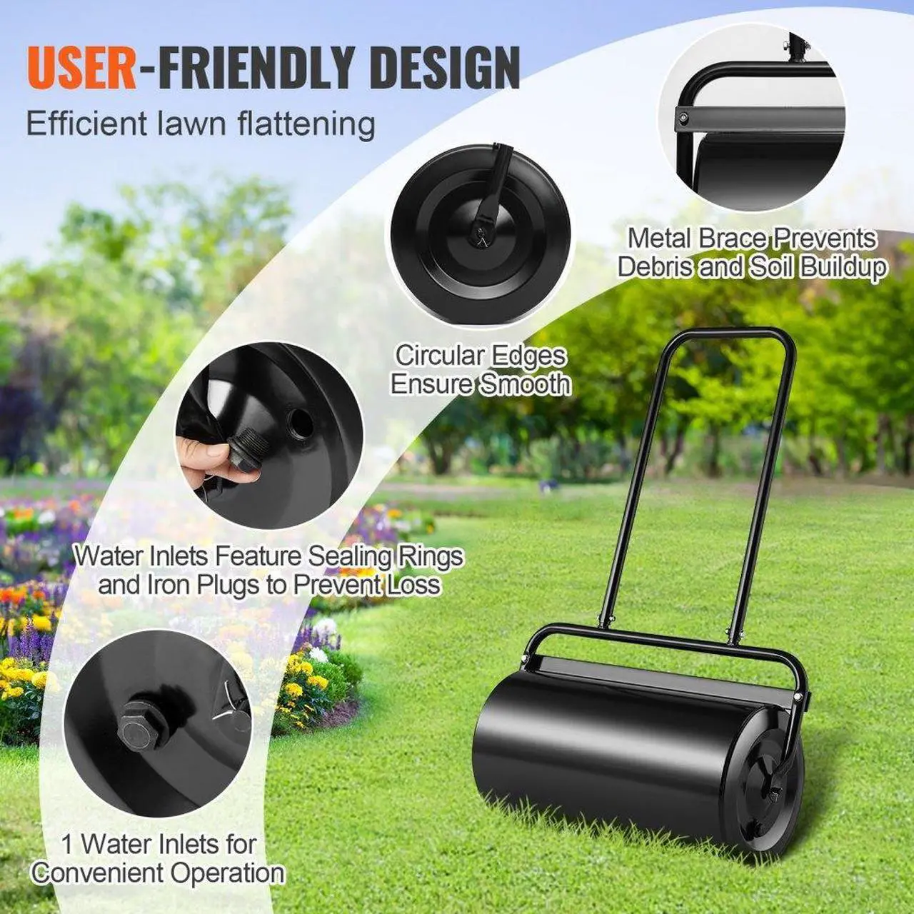 Alt view image 5 of 7 - VEVOR Lawn Roller, 13 Gallon Sand/Water Filled Yard Roller, Steel Sod Roller with Easy-turn Plug and U-Shaped Ergonomic Handle for Convenient Push and Pull, for Lawn, Garden, Farm, Park, Black