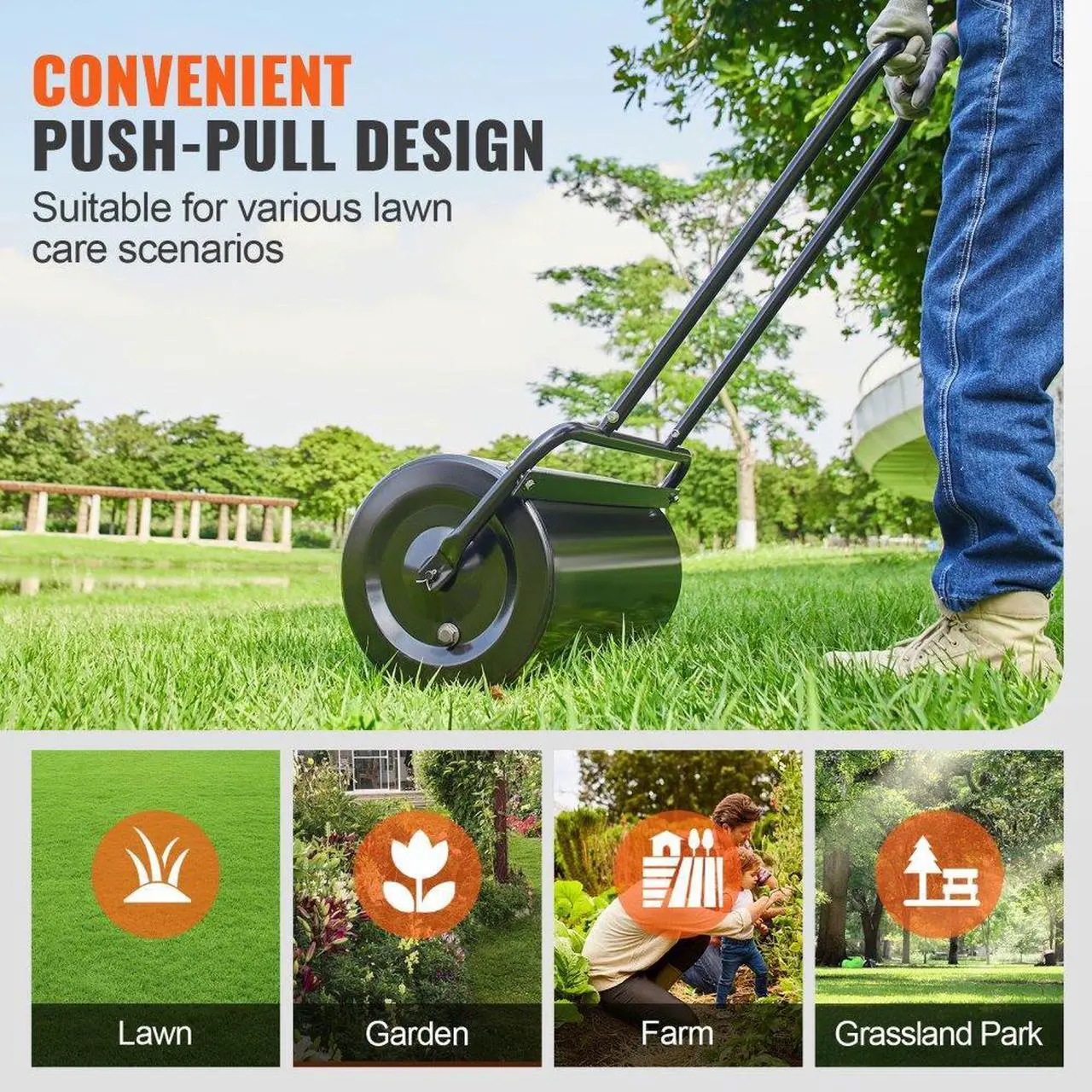 Alt view image 6 of 7 - VEVOR Lawn Roller, 13 Gallon Sand/Water Filled Yard Roller, Steel Sod Roller with Easy-turn Plug and U-Shaped Ergonomic Handle for Convenient Push and Pull, for Lawn, Garden, Farm, Park, Black