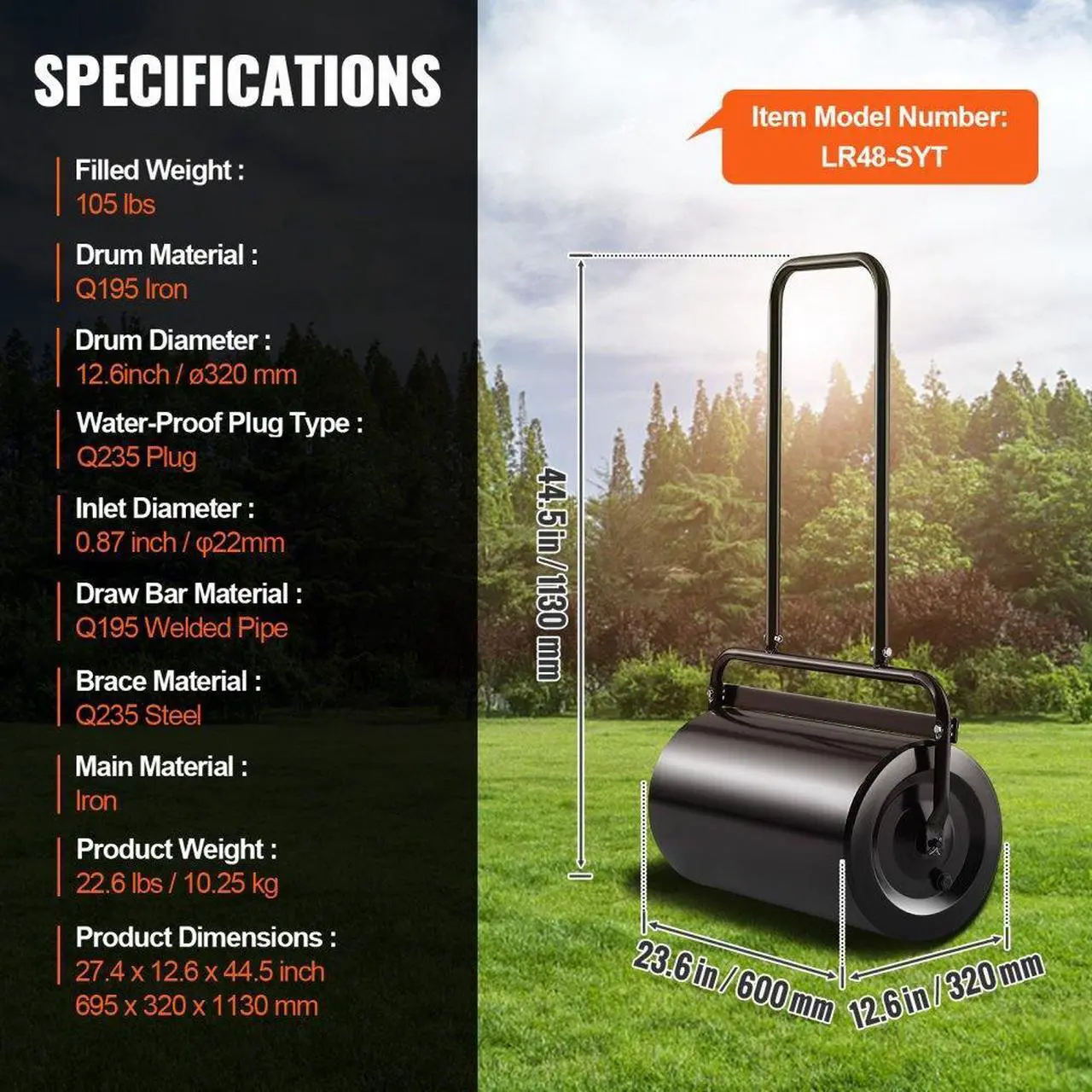 Alt view image 7 of 7 - VEVOR Lawn Roller, 13 Gallon Sand/Water Filled Yard Roller, Steel Sod Roller with Easy-turn Plug and U-Shaped Ergonomic Handle for Convenient Push and Pull, for Lawn, Garden, Farm, Park, Black