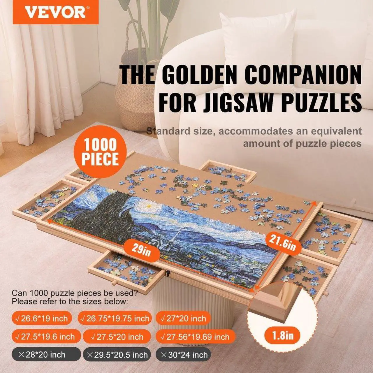 Alt view image 3 of 8 - VEVOR 1000 Piece Puzzle Board with 6 Drawers and Cover  29""x21.6"" Rotating Wooden Jigsaw Puzzle Plateau  Portable Puzzle Accessories for Adults  Puzzle Organizer & Puzzle Storage System  Gift for Mo