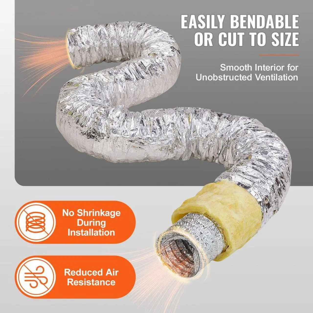 Alt view image 4 of 7 - VEVOR Dryer Vent Hose, 5'' Insulated Flexible Duct 25FT Long with 2 Duct Clamps, Heavy-Duty Three Layer Protection for HVAC Heating Cooling Ventilation and Exhaust, R-4.2 Flame Resistance Value