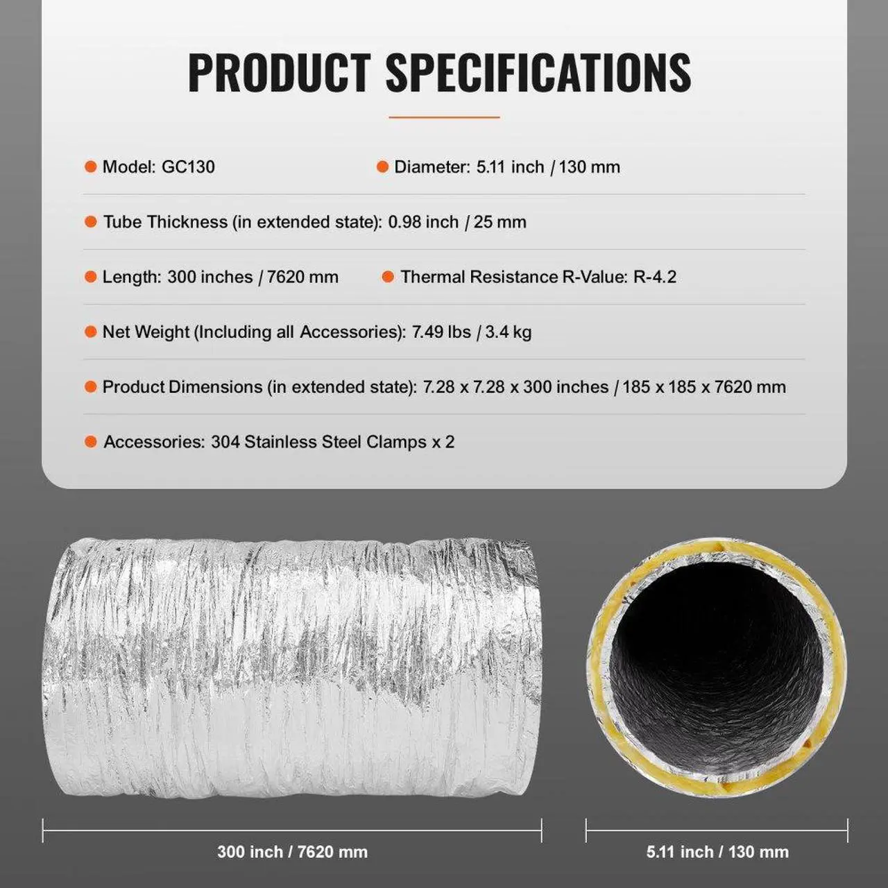 Alt view image 7 of 7 - VEVOR Dryer Vent Hose, 5'' Insulated Flexible Duct 25FT Long with 2 Duct Clamps, Heavy-Duty Three Layer Protection for HVAC Heating Cooling Ventilation and Exhaust, R-4.2 Flame Resistance Value
