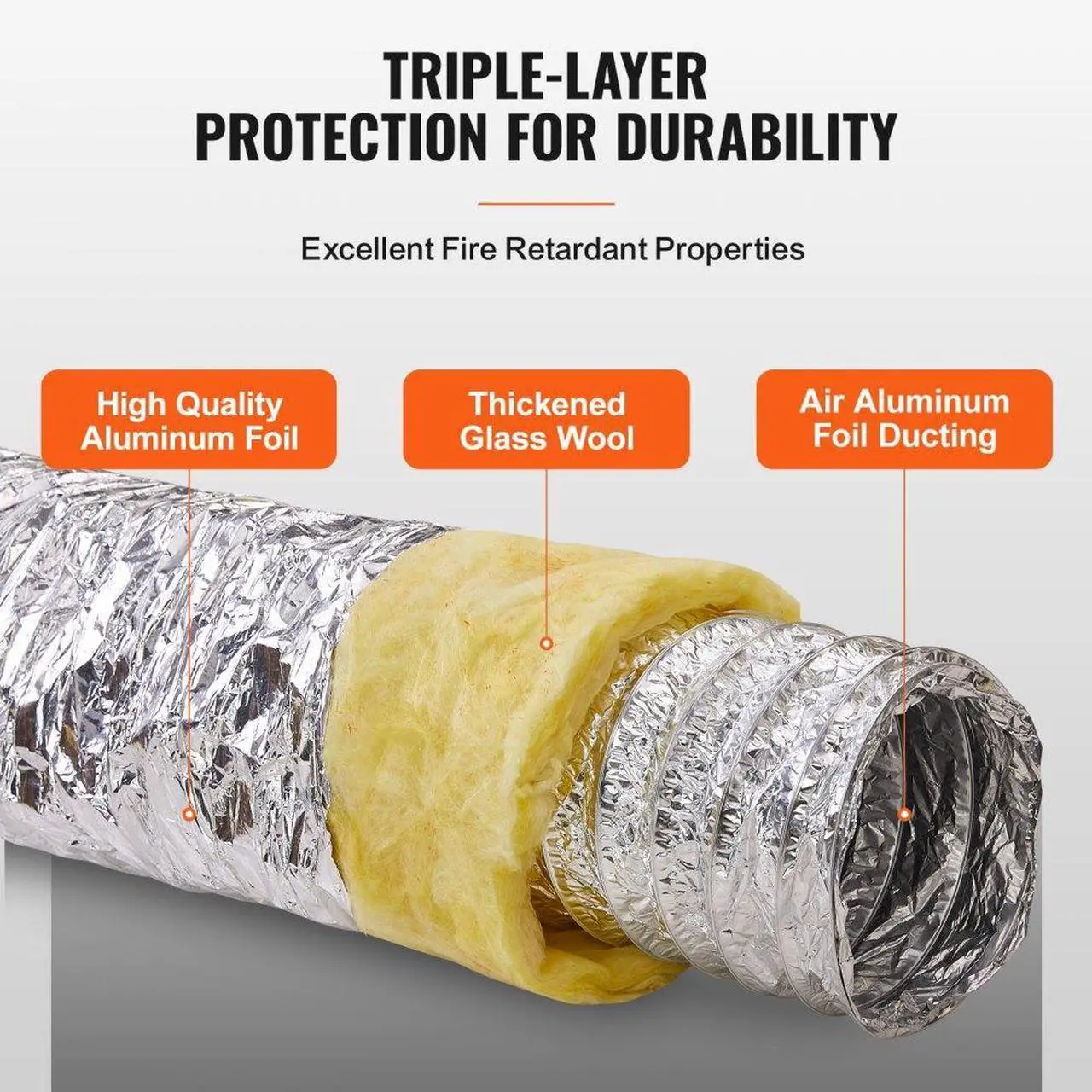 Alt view image 3 of 7 - VEVOR Dryer Vent Hose, 5'' Insulated Flexible Duct 25FT Long with 2 Duct Clamps, Heavy-Duty Three Layer Protection for HVAC Heating Cooling Ventilation and Exhaust, R-4.2 Flame Resistance Value