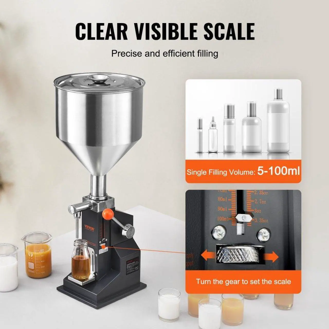 Alt view image 3 of 7 - VEVOR Manual Paste Liquid Filling Machine, 5-100ml Bottle Filler, Adjustable Bottle Filling Machine, Stainless Steel Liquid Filler with Hopper for Milk Water Juice Essential Oil Shampoo Cosmetic Honey