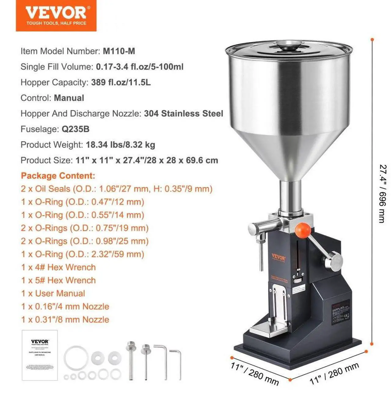 Alt view image 7 of 7 - VEVOR Manual Paste Liquid Filling Machine, 5-100ml Bottle Filler, Adjustable Bottle Filling Machine, Stainless Steel Liquid Filler with Hopper for Milk Water Juice Essential Oil Shampoo Cosmetic Honey