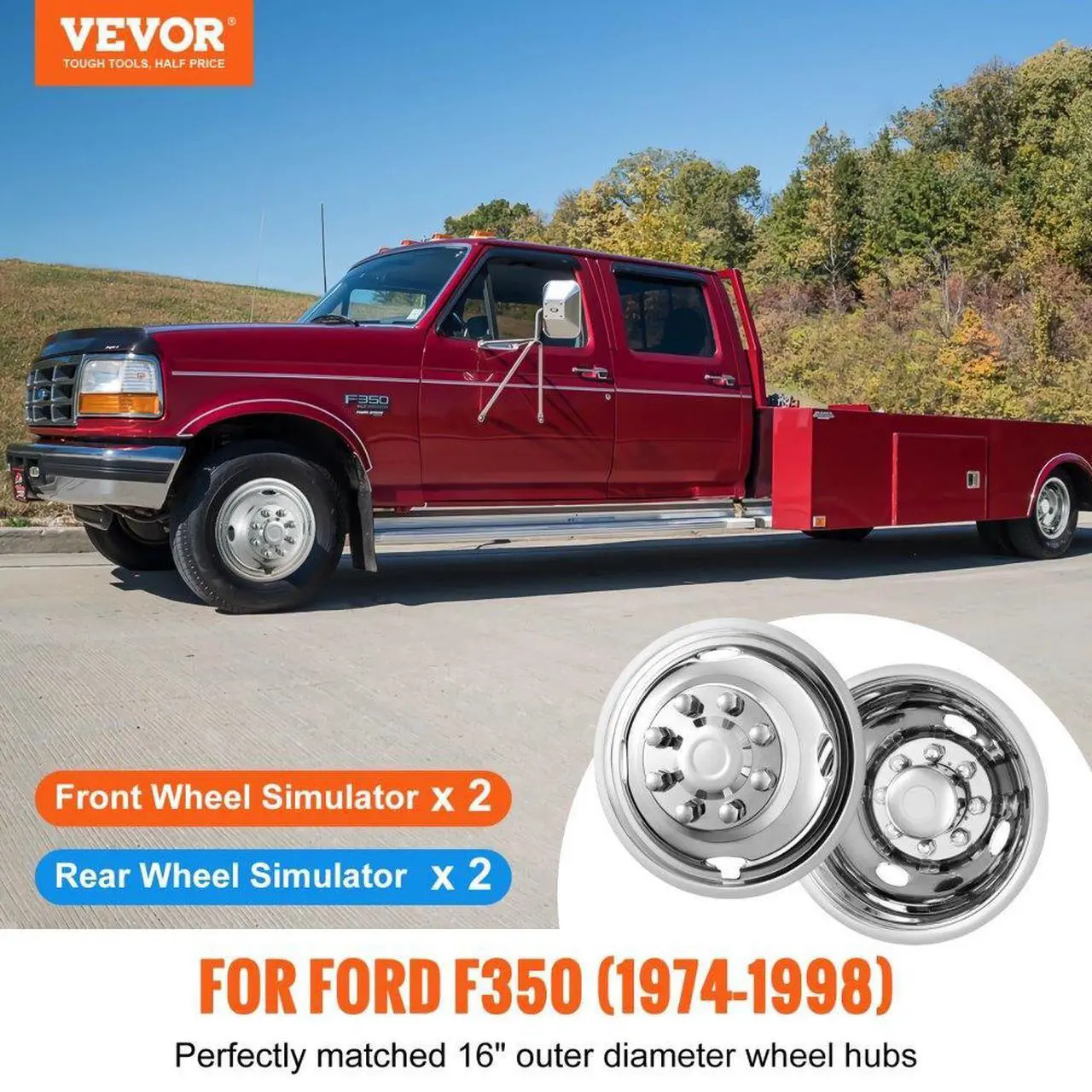 Alt view image 2 of 7 - VEVOR 16-inch Wheel Simulators, 304 Stainless Steel Wheel Simulator Kit with Mirror Polished Finish, 2 Front and 2 Rear Wheel Covers Fit for Ford F350 (1974-1998), 4 pcs