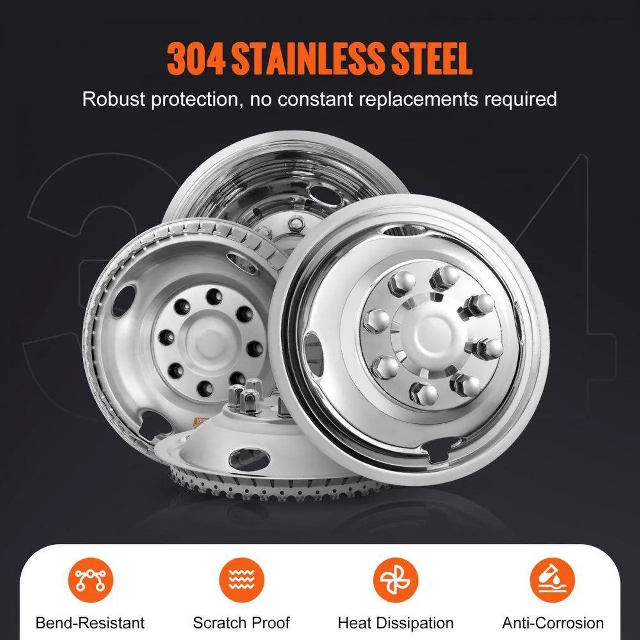 Alt view image 4 of 7 - VEVOR 16-inch Wheel Simulators, 304 Stainless Steel Wheel Simulator Kit with Mirror Polished Finish, 2 Front and 2 Rear Wheel Covers Fit for Ford F350 (1974-1998), 4 pcs