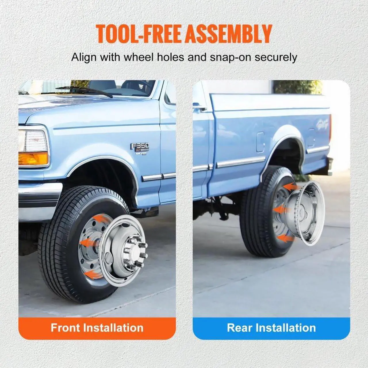Alt view image 6 of 7 - VEVOR 16-inch Wheel Simulators, 304 Stainless Steel Wheel Simulator Kit with Mirror Polished Finish, 2 Front and 2 Rear Wheel Covers Fit for Ford F350 (1974-1998), 4 pcs