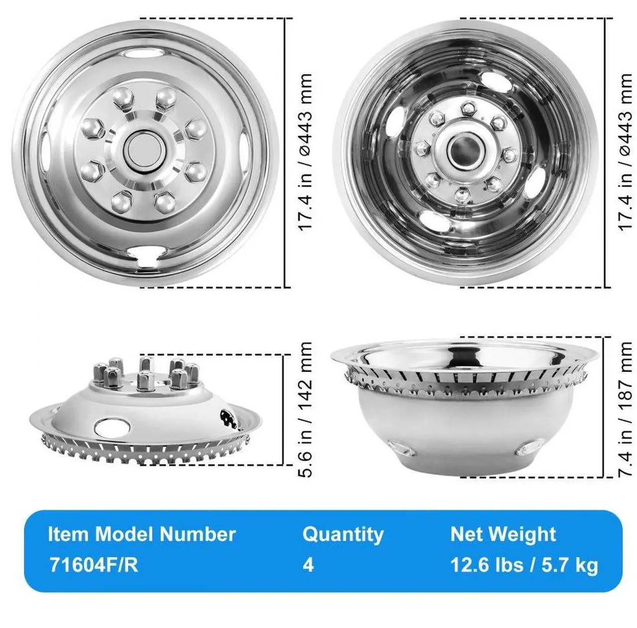 Alt view image 7 of 7 - VEVOR 16-inch Wheel Simulators, 304 Stainless Steel Wheel Simulator Kit with Mirror Polished Finish, 2 Front and 2 Rear Wheel Covers Fit for Ford F350 (1974-1998), 4 pcs
