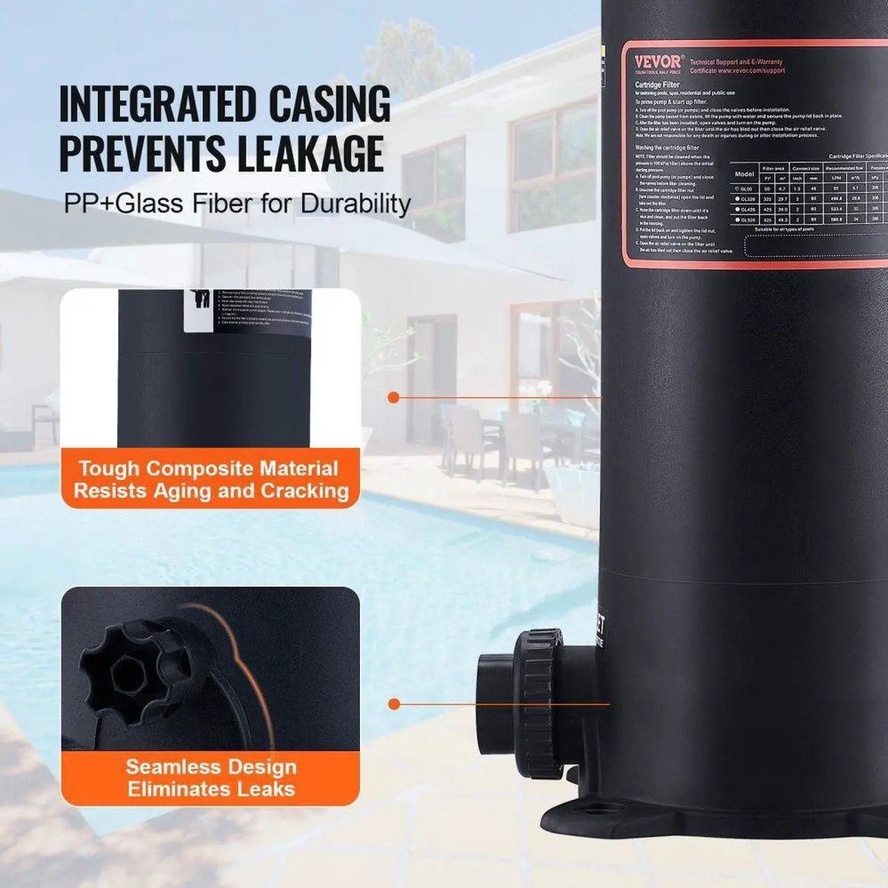 Alt view image 3 of 7 - VEVOR Cartridge Pool Filter, 50Sq. Ft Filter Area Inground Pool Filter, Above Ground Swimming Pool Filtration Filter System with Upgrade Filter &Leak-proof Casing, for Hot Tubs, Spa, Inflatable Pool
