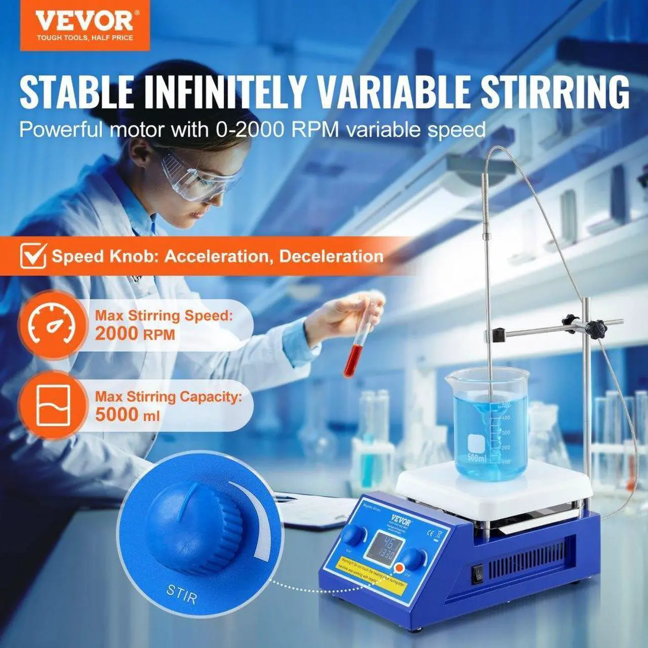 Alt view image 2 of 7 - VEVOR Magnetic Stirrer Hot Plate, Max 572°F/300°C, 0-2000 RPM Hot Plate with Magnetic Stirrer, 5000mL Hot Plate Stirrer with LED Screen, Support Stand and Stir Bars Included, 500W Heating Power