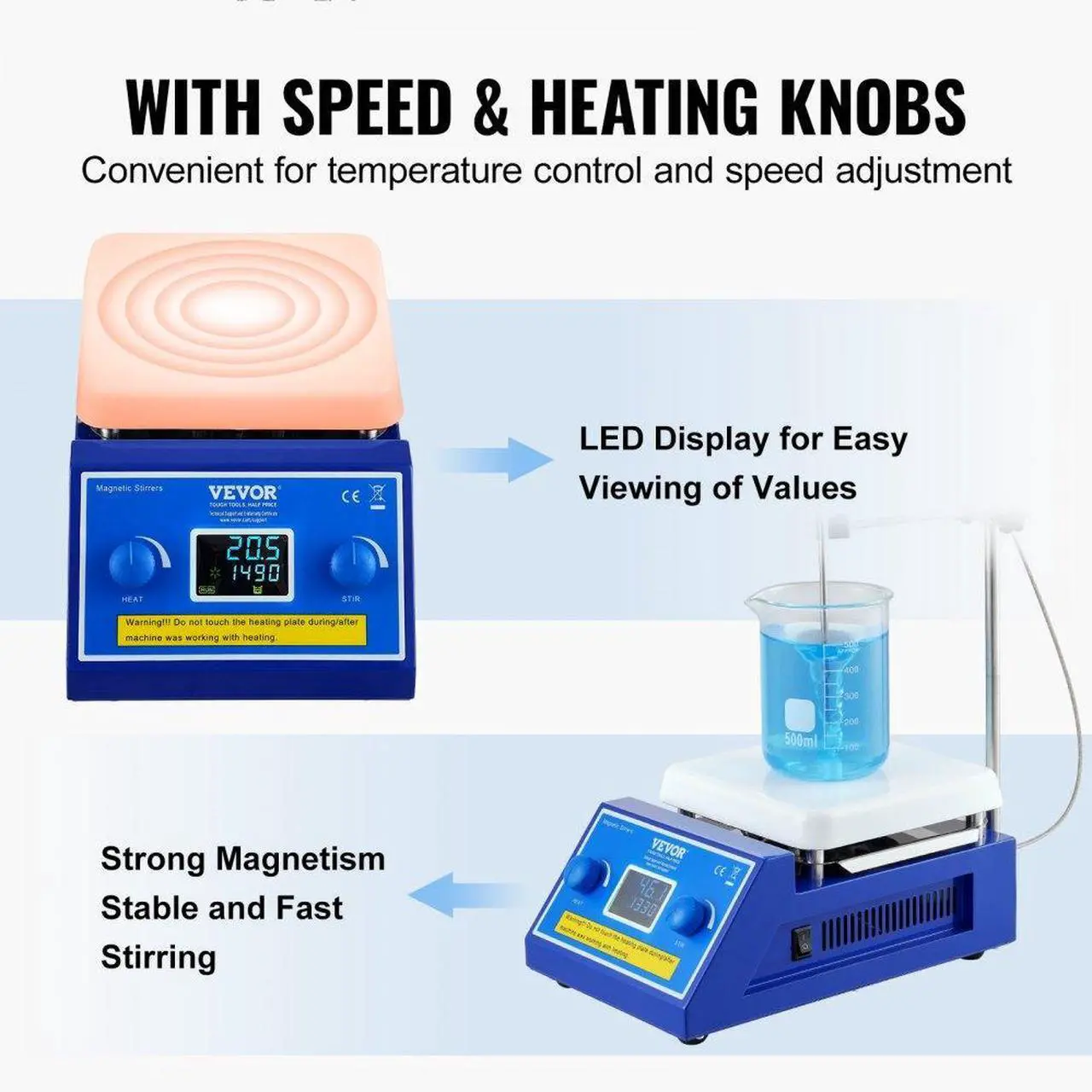 Alt view image 5 of 7 - VEVOR Magnetic Stirrer Hot Plate, Max 572°F/300°C, 0-2000 RPM Hot Plate with Magnetic Stirrer, 5000mL Hot Plate Stirrer with LED Screen, Support Stand and Stir Bars Included, 500W Heating Power