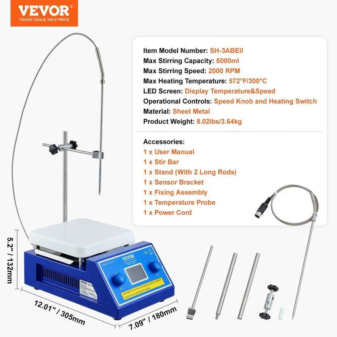 Alt view image 7 of 7 - VEVOR Magnetic Stirrer Hot Plate, Max 572°F/300°C, 0-2000 RPM Hot Plate with Magnetic Stirrer, 5000mL Hot Plate Stirrer with LED Screen, Support Stand and Stir Bars Included, 500W Heating Power