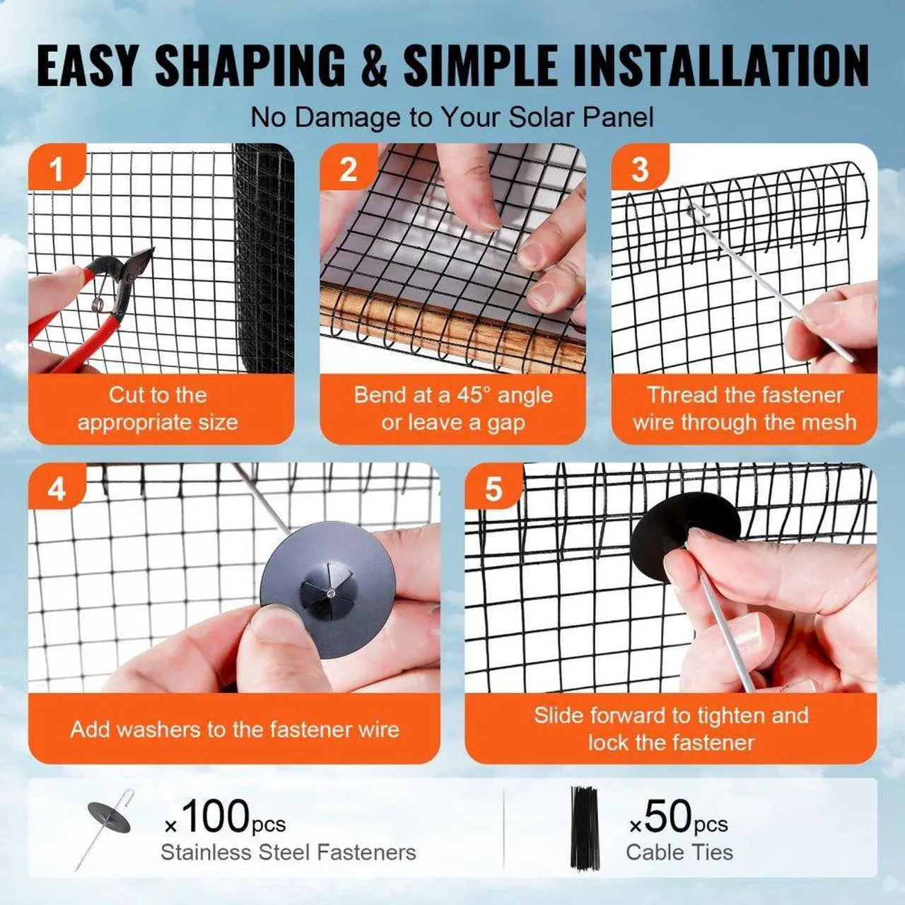 Alt view image 5 of 7 - VEVOR 8 inch x 100ft Solar Panel Bird Guard, Critter Guard Roll Kit with 100pcs Stainless Steel Fasteners, Solar Panel Guard with Rust-proof PVC Coating, 1/2 inch Wire Roll Mesh