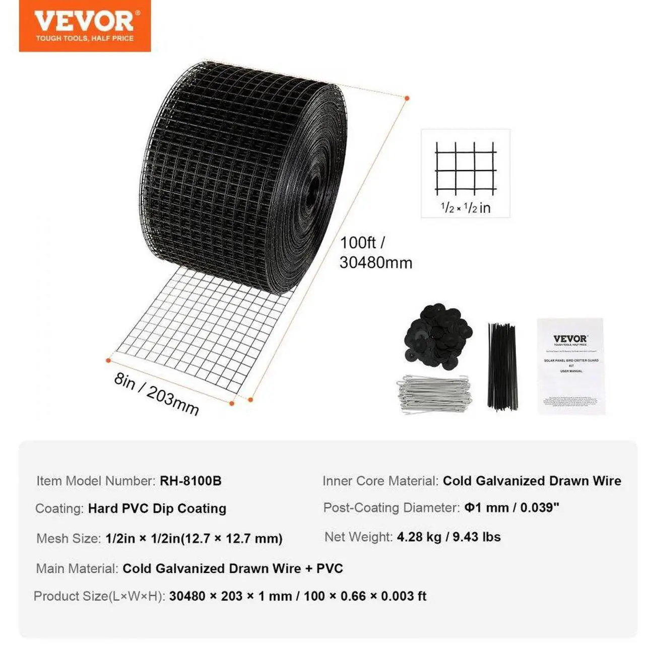 Alt view image 7 of 7 - VEVOR 8 inch x 100ft Solar Panel Bird Guard, Critter Guard Roll Kit with 100pcs Stainless Steel Fasteners, Solar Panel Guard with Rust-proof PVC Coating, 1/2 inch Wire Roll Mesh