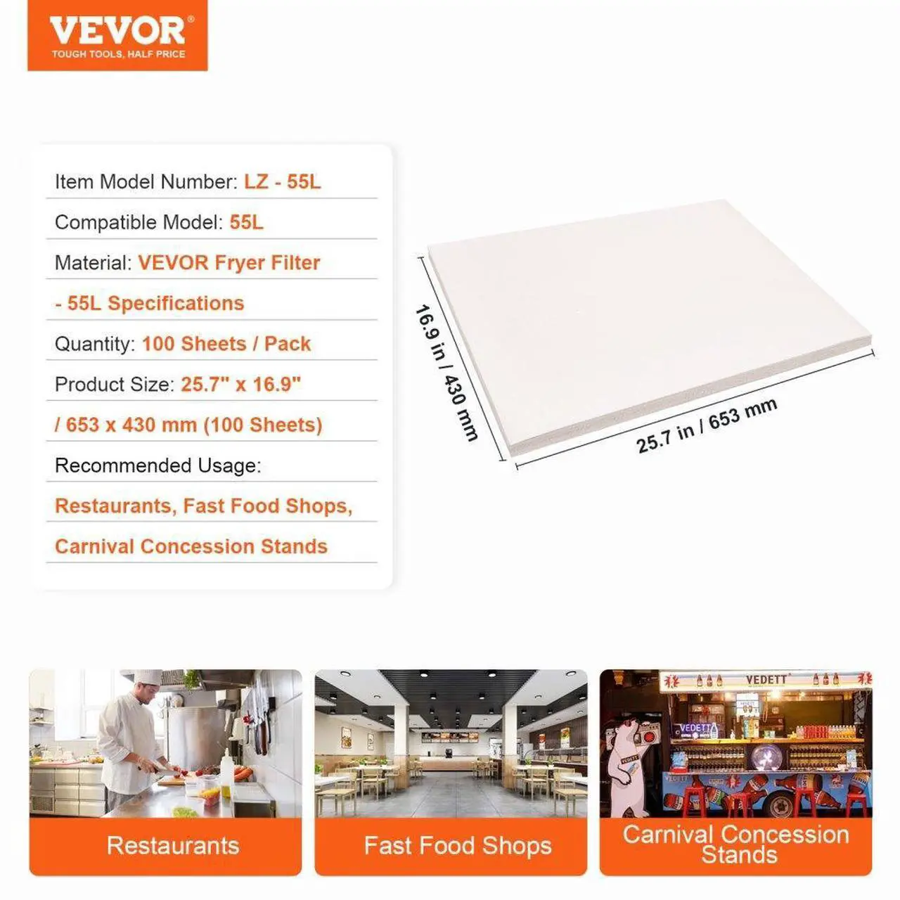 Alt view image 7 of 7 - VEVOR Fryer Filter Paper, 100 Sheets, 25.7" x 16.9", Replacement Deep Fryer Filter Sheets for 55L Commercial Mobile Fryer Filter Machine, for Restaurant, Fast Food Shop, Carnival Concession Stand