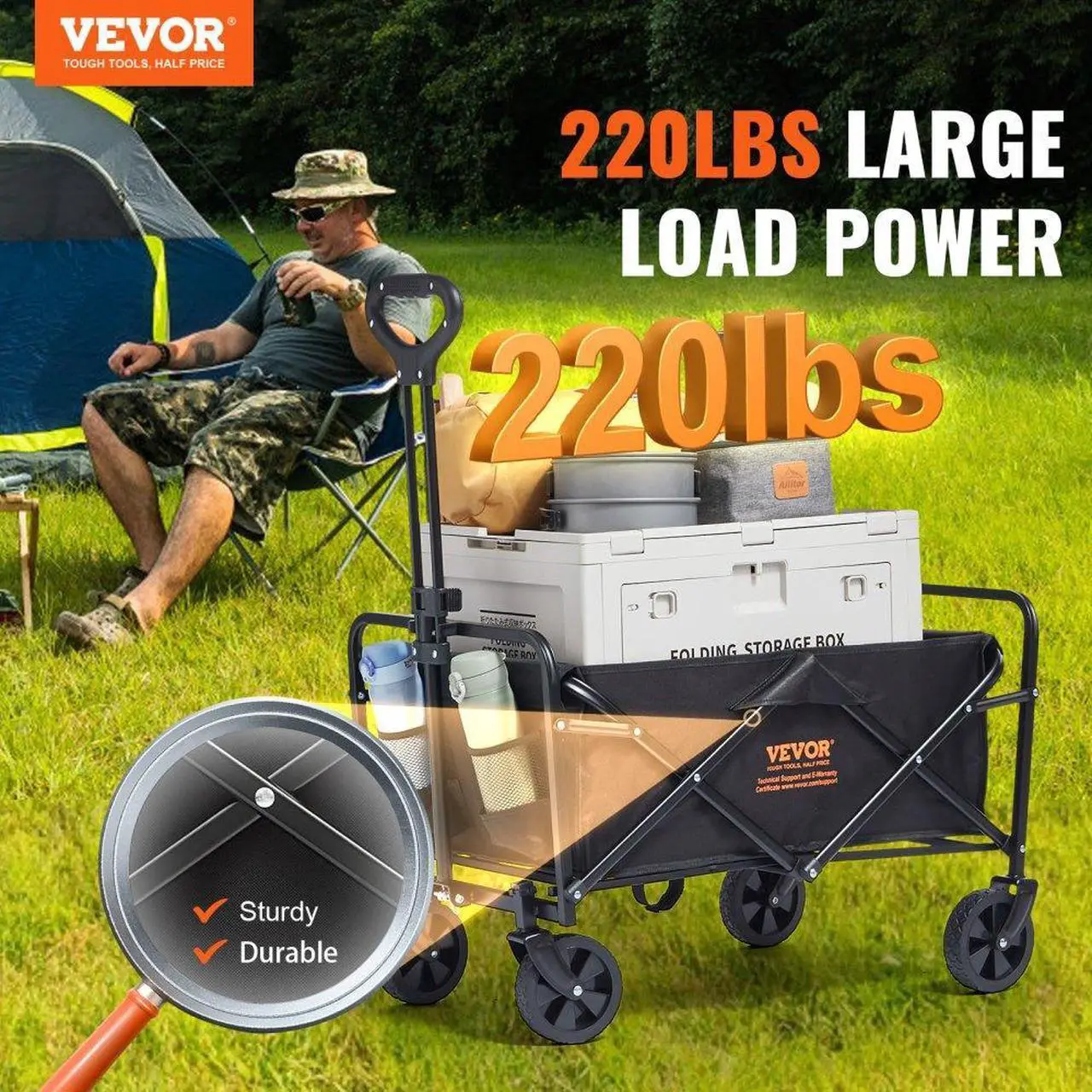 Alt view image 2 of 7 - VEVOR Collapsible Folding Wagon, 2 cu.ft Beach Wagon Cart with All-Terrain 5in Wheels, Heavy Duty Folding Wagon Cart 220 lbs Weight Capacity with Drink Holders, Wagon for Camping, Shopping, Garden