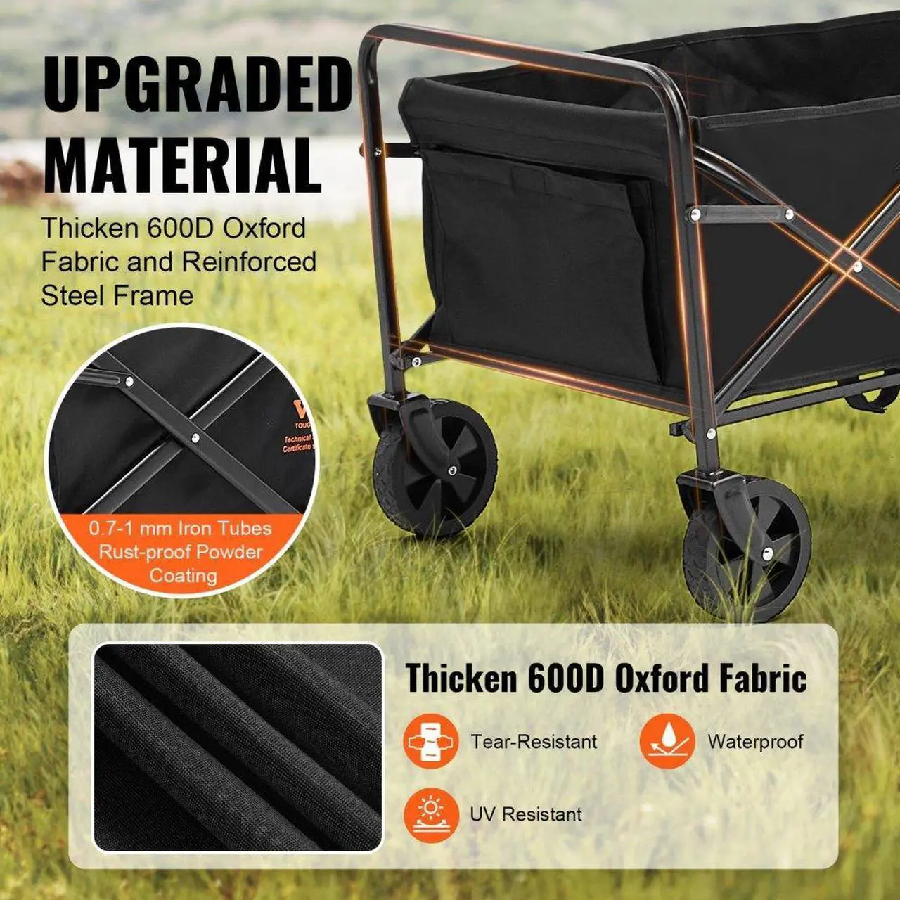 Alt view image 3 of 7 - VEVOR Collapsible Folding Wagon, 2 cu.ft Beach Wagon Cart with All-Terrain 5in Wheels, Heavy Duty Folding Wagon Cart 220 lbs Weight Capacity with Drink Holders, Wagon for Camping, Shopping, Garden
