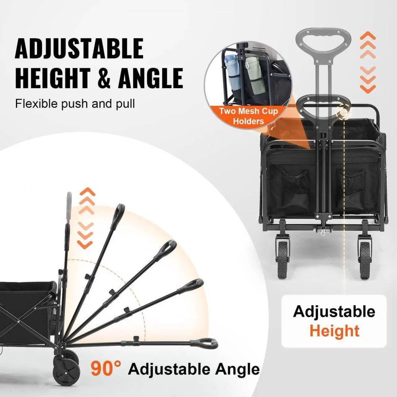 Alt view image 5 of 7 - VEVOR Collapsible Folding Wagon, 2 cu.ft Beach Wagon Cart with All-Terrain 5in Wheels, Heavy Duty Folding Wagon Cart 220 lbs Weight Capacity with Drink Holders, Wagon for Camping, Shopping, Garden