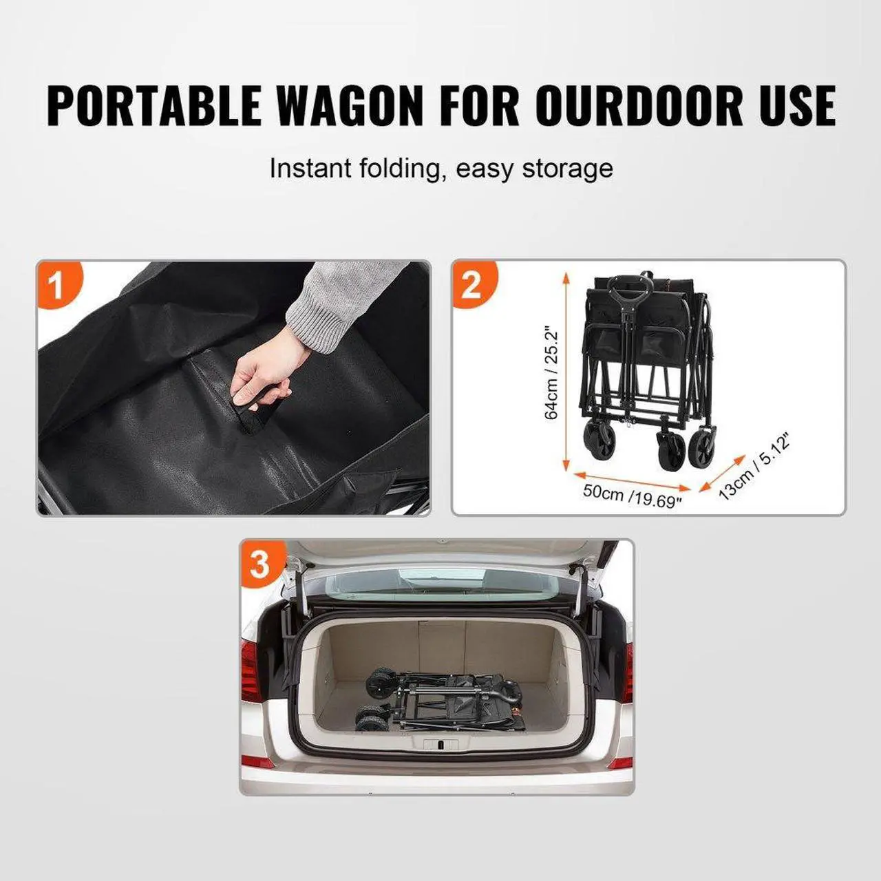 Alt view image 6 of 7 - VEVOR Collapsible Folding Wagon, 2 cu.ft Beach Wagon Cart with All-Terrain 5in Wheels, Heavy Duty Folding Wagon Cart 220 lbs Weight Capacity with Drink Holders, Wagon for Camping, Shopping, Garden