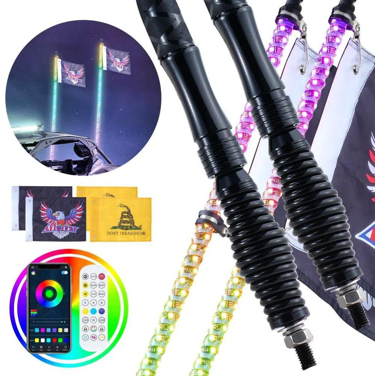 Main image of VEVOR 2 PCS 4 FT Whip Light with Spring Base, Led Whip Light with APP & Remote Control, Waterproof 360° Spiral RGB Chasing Lighted Whips with 2 Flags, for UTVs, ATVs, Motorcycles, RZR, Can-am, Go-kart