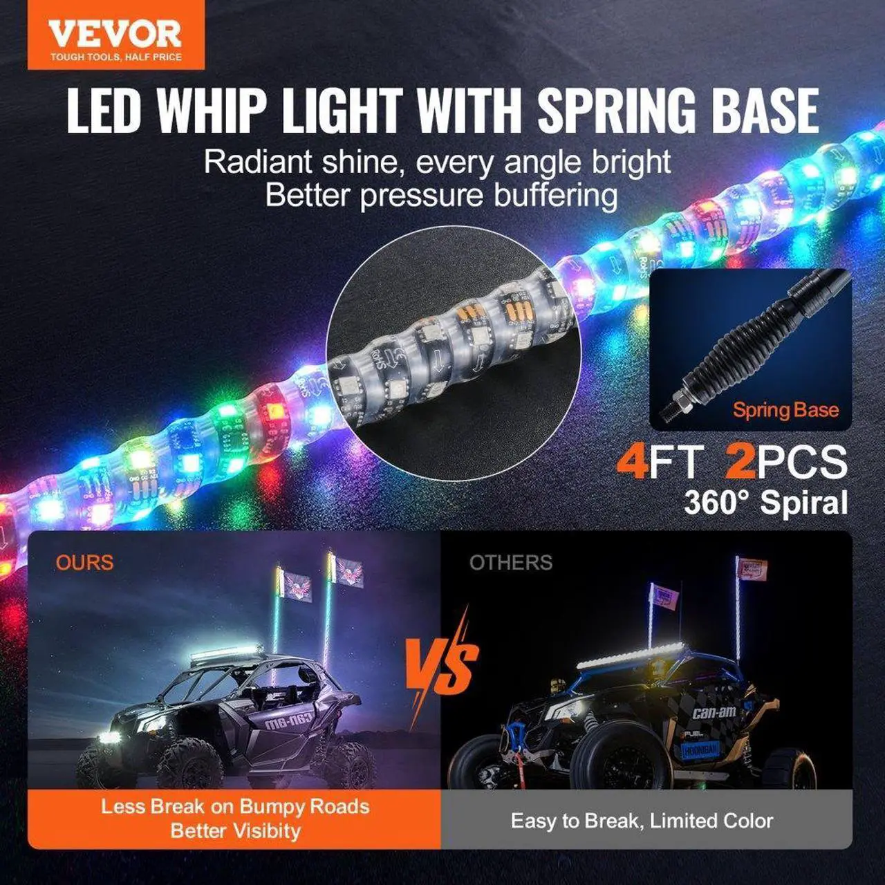 Alt view image 2 of 7 - VEVOR 2 PCS 4 FT Whip Light with Spring Base, Led Whip Light with APP & Remote Control, Waterproof 360° Spiral RGB Chasing Lighted Whips with 2 Flags, for UTVs, ATVs, Motorcycles, RZR, Can-am, Go-kart