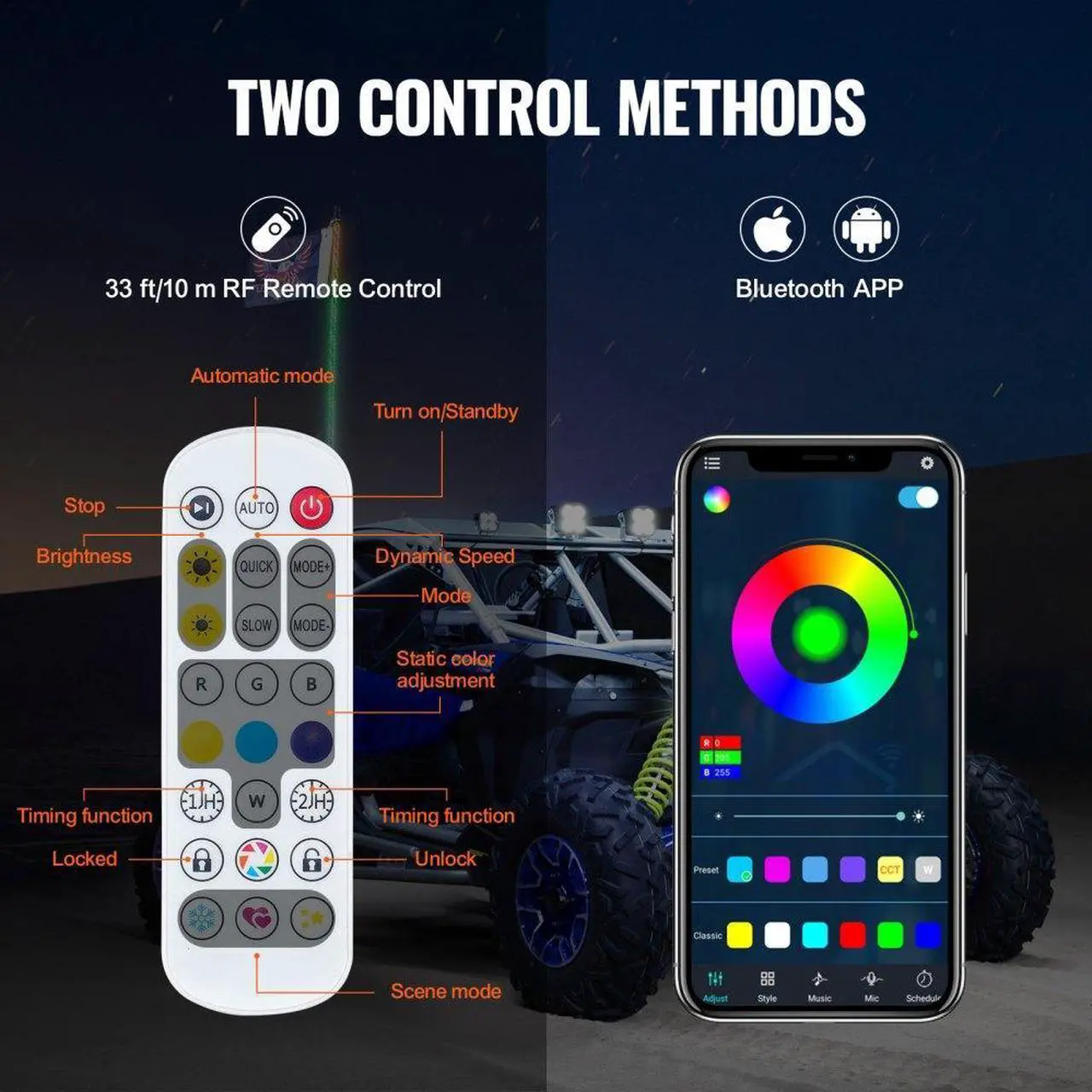Alt view image 3 of 7 - VEVOR 2 PCS 4 FT Whip Light with Spring Base, Led Whip Light with APP & Remote Control, Waterproof 360° Spiral RGB Chasing Lighted Whips with 2 Flags, for UTVs, ATVs, Motorcycles, RZR, Can-am, Go-kart
