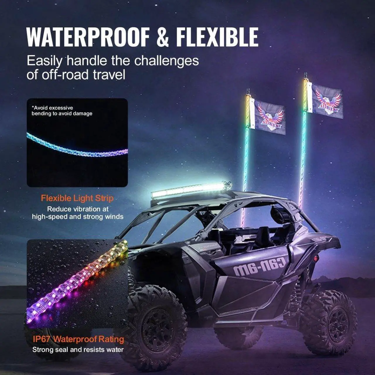 Alt view image 5 of 7 - VEVOR 2 PCS 4 FT Whip Light with Spring Base, Led Whip Light with APP & Remote Control, Waterproof 360° Spiral RGB Chasing Lighted Whips with 2 Flags, for UTVs, ATVs, Motorcycles, RZR, Can-am, Go-kart