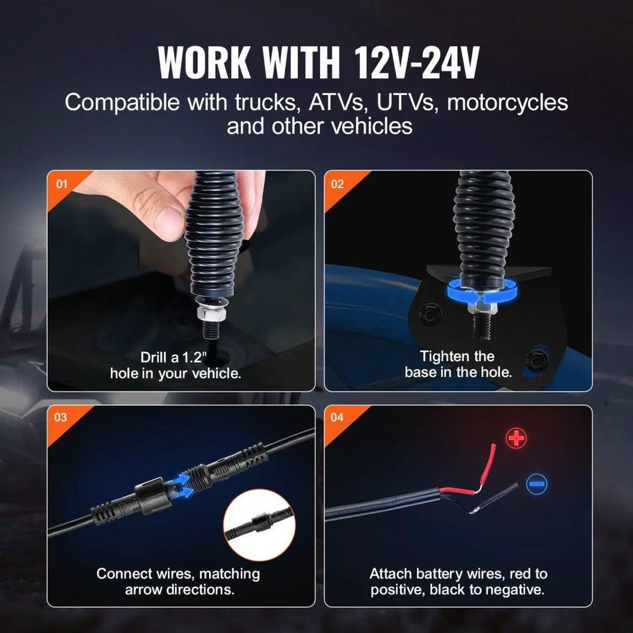 Alt view image 6 of 7 - VEVOR 2 PCS 4 FT Whip Light with Spring Base, Led Whip Light with APP & Remote Control, Waterproof 360° Spiral RGB Chasing Lighted Whips with 2 Flags, for UTVs, ATVs, Motorcycles, RZR, Can-am, Go-kart